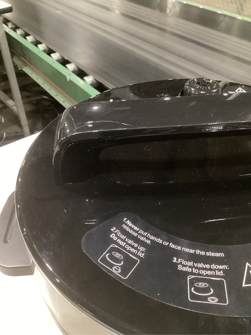 Condition photo showing As Is for (slightly cracked)electric pressure cooker 6 qt, 9 functions programmable instant pot with imd touchscreen, rice cook, slow cook, steam, sauté, warm, 16+ safety features, 1000w silver