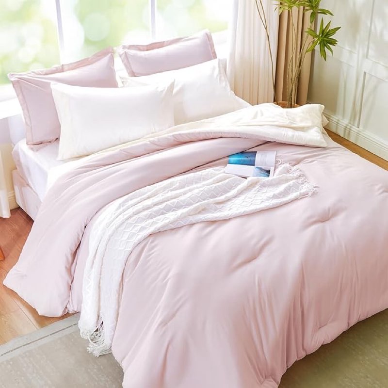 Pink King Size Comforter Set, Reversible Bedding Set, 7-Piece Soft Bed in a Bag with Comforter, Sheets, Pillowcases & Shams, All Seasons Boho King Bed Set