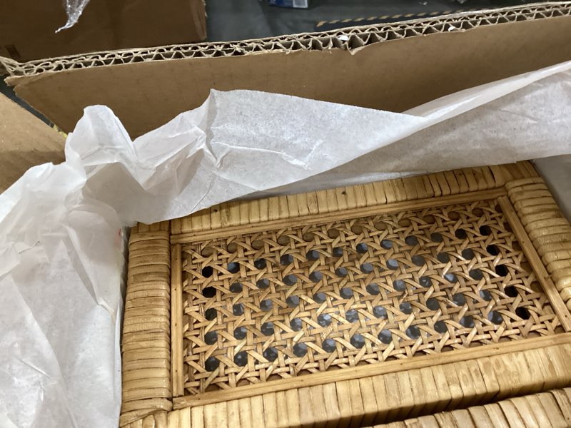 Condition photo showing As Is for rattan display box for home decor with lid - rectangular coastal bohemian style stackable decorative storage box set - handmade from natural rattan, cedar & real glass