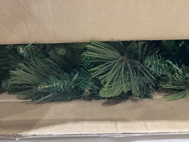 Condition photo showing Good Condition for **not tested** national tree company 9 ft pre-lit carolina pine artificial christmas garland, christmas decoration with pinecones, 100 warm white led lights, 240 tips, timer, green battery operated tree