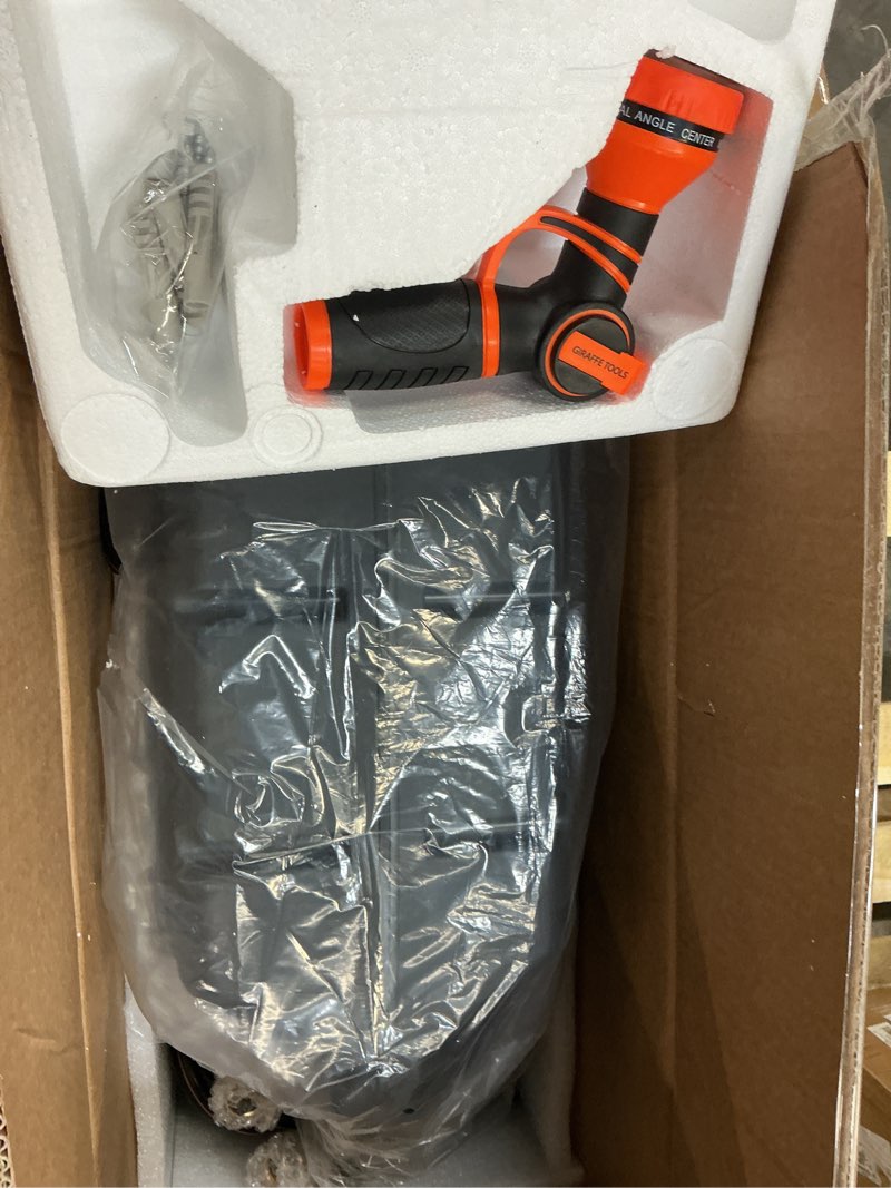 Condition photo showing New/Like New for giraffe tools retractable garden hose reel 1/2 inch x 155 with 5 ft leader hose, heavy duty, any length lock, slow return system, wall mounted and 180 deg swivel bracket 1/2 155ft
