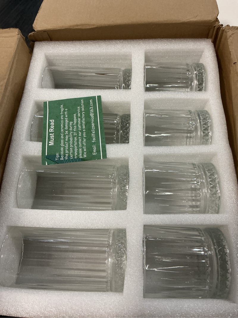 Condition photo showing Good Condition for crystal drinking glasses, set of 8 durable glass cups-4 highball glasses 15oz & 4 rocks glasses 12oz, mojito cups, cocktail glass, bar glassware set for cocktail, beer, whiskey modern