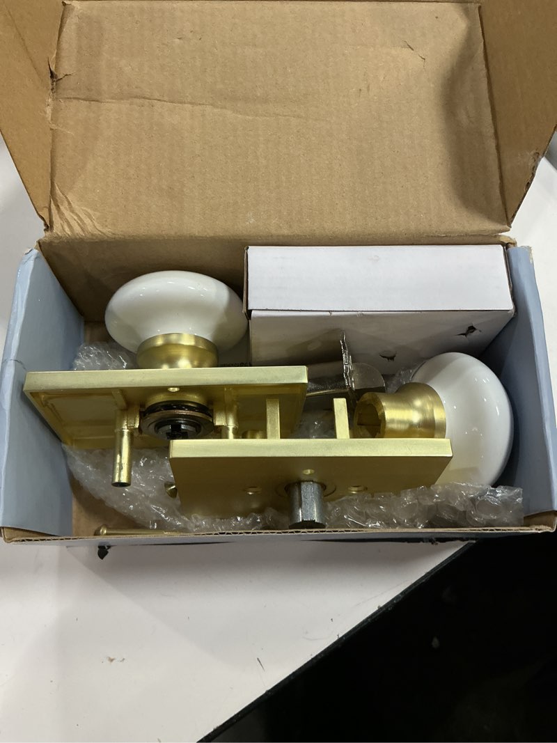 Condition photo showing As Is for NCL White Door Knob, Satin Brass Porcelain Door Knobs Interior, Rectangle Door Levers for Bedroom and Bathroom, Privacy Door Handles with Lock Satin Brass Rectangle Rose with White Knob