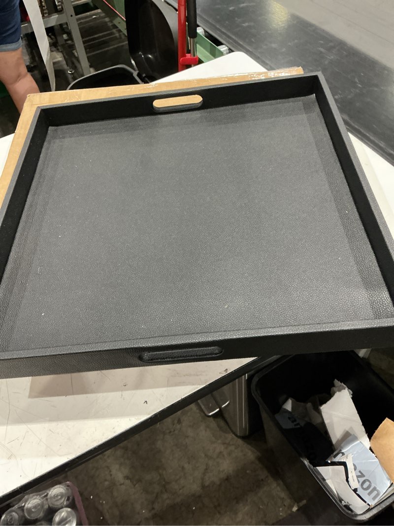 Condition photo showing Good Condition for square wood serving tray with handle, ottoman decorative for home,  black (we don’t know size)