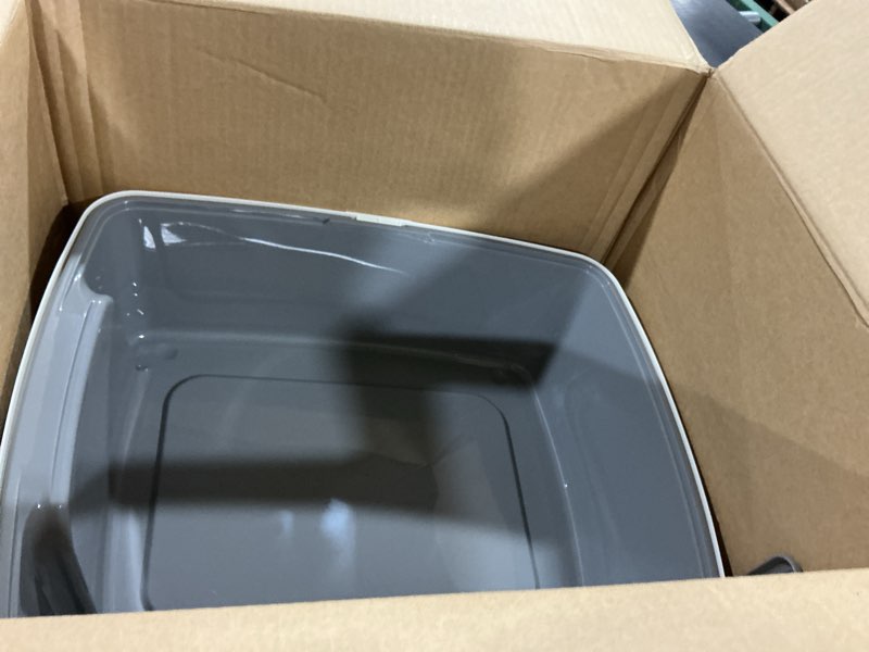 Condition photo showing As Is for Amazon Basics Large Cat Litter Box with High Sides, Open Top, Includes Scoop, 19 x 15 x 11.75 inches, Grey/Beige