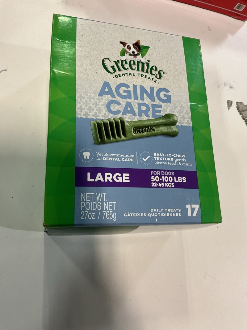 Condition photo showing Good Condition for (Best By 27/Oct/2025) Greenies Dental Treats for Dogs, Veterinarian-Recommended Aging Care Adult Natural Dental Dog Treats, Large Size, 27 oz. Pack, 17 Count Aging Care 17 Count (Pack of 1)