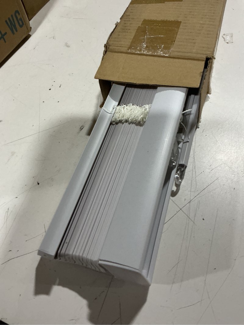 Condition photo showing As Is for lotus & windoware cordless mini blind, 1" vinyl slats, 31" wide x 84" long - white, window blinds for home and office, interior door blinds - light filtering 31"w x 84"h white