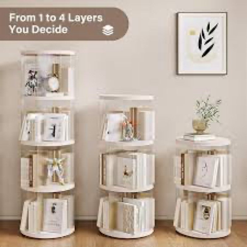 4 Tier Rotating Bookshelf, Small Corner Bookshelf for Small Space, 360 Display Floor Standing Bookcase, Lazy Susan Plastic Narrow Book Organizer Shelf for Bedroom, Living Room, Rectangular rotating BEIGE 