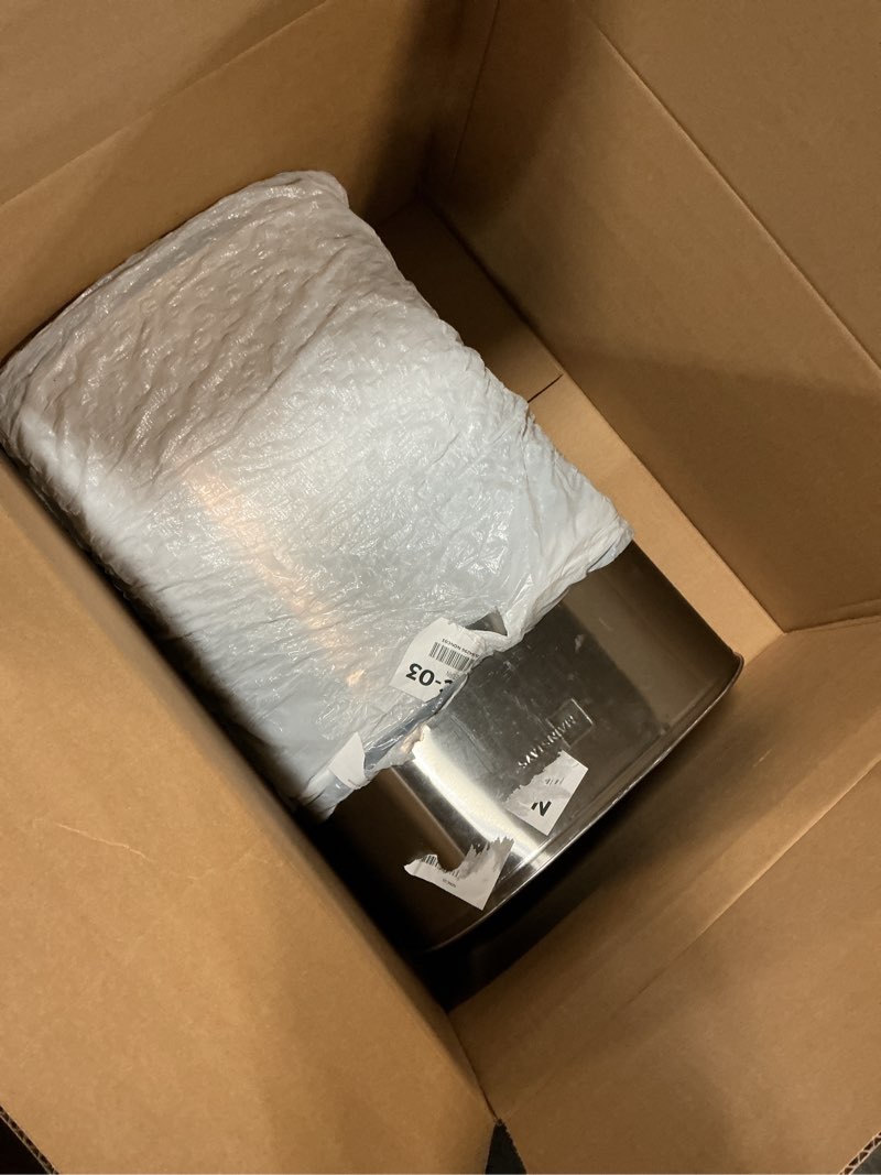 Condition photo showing As Is for Ninestars Automatic Touchless Infrared Motion Sensor Trash Can, 13 Gal 50L, Stainless Steel Base (Rectangular, Black Lid), Black Trim