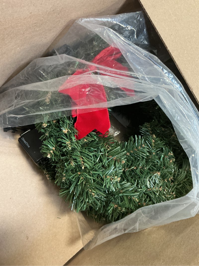 Condition photo showing Good Condition for Set of 3 Artificial Pre-Lit Balsam Pine Christmas Wreaths with Red Bows, 16 Inches, Battery Operated with Timers