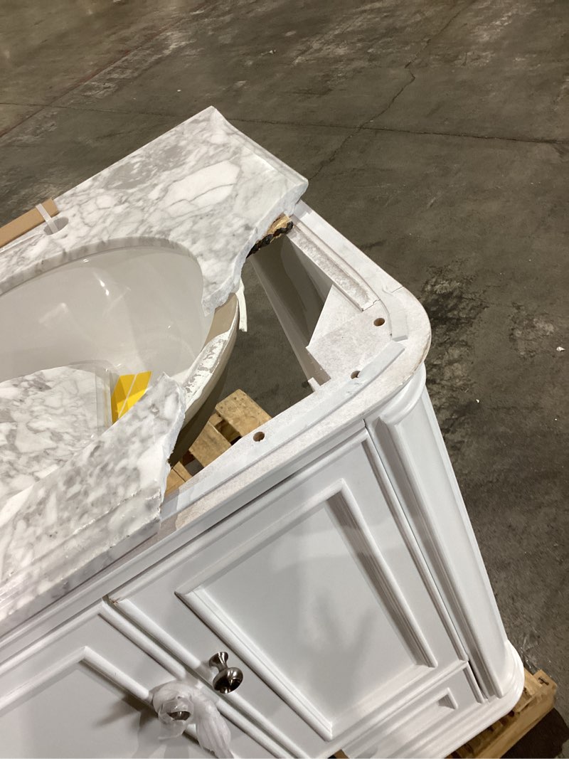 Condition photo showing As Is for  allen + roth wrightsville 60-in white undermount double sink bathroom vanity with natural carrara natural marble top (fully assembled) item #2694653 | model #3116va-60-201-900l
