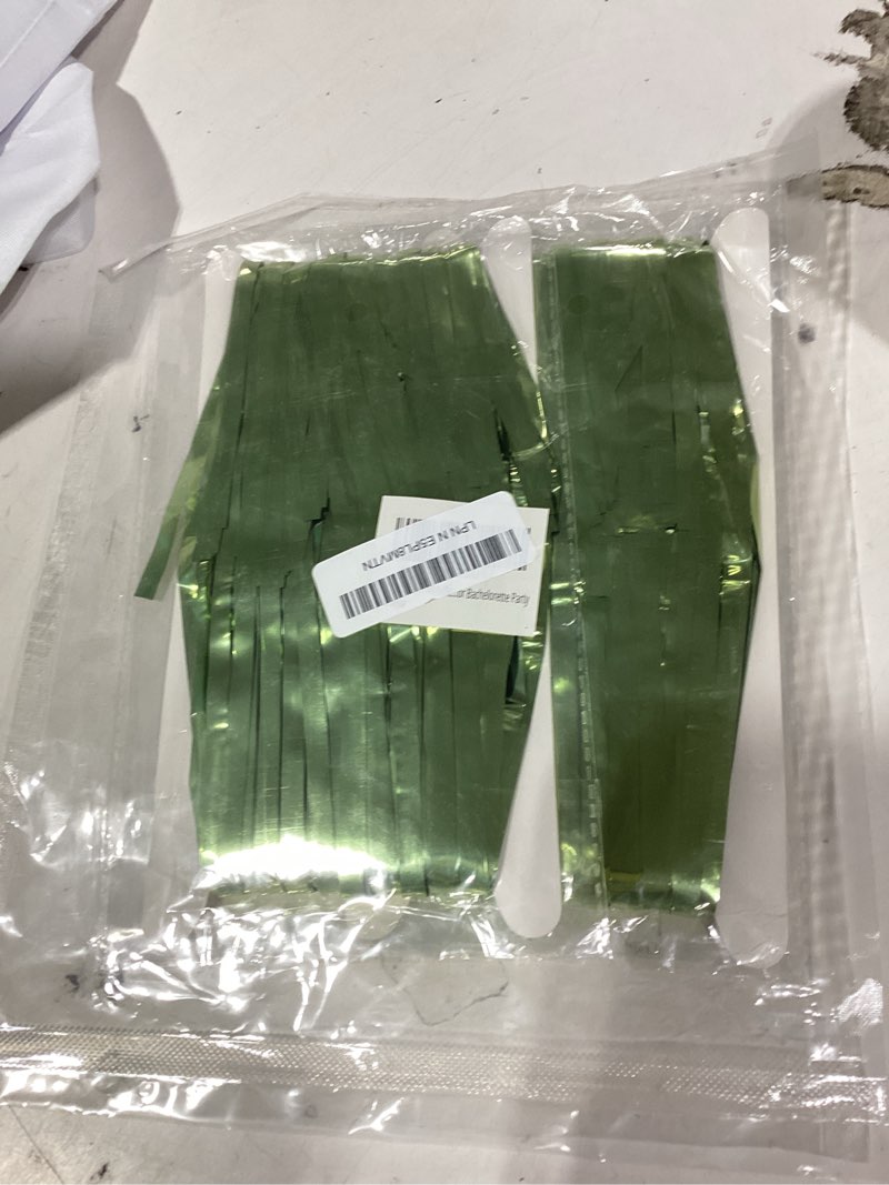 Condition photo showing New/Like New for light green metallic tinsel foil fringe curtains, 2 pack 3.3x8.3 feet party streamer for birthday party decorations, halloween decor, foil curtain for christmas party light green 2 pack
