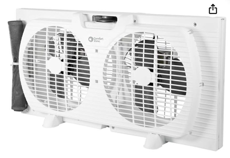  comfort zone 9-inch 3-speed reversible twin window fan – dual blade window exhaust fan with auto-locking expanders, 22.25" to 33" wide – tabletop feet & removable bug screen included