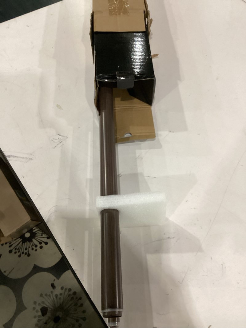Condition photo showing Good Condition for 1-1/8 inch diameter dark walnut curtain rods with cap finial, 36-72'' telescoping faux wood design double curtain rods for window width 24-68 inch, 1 pack dark walnut 36-72''