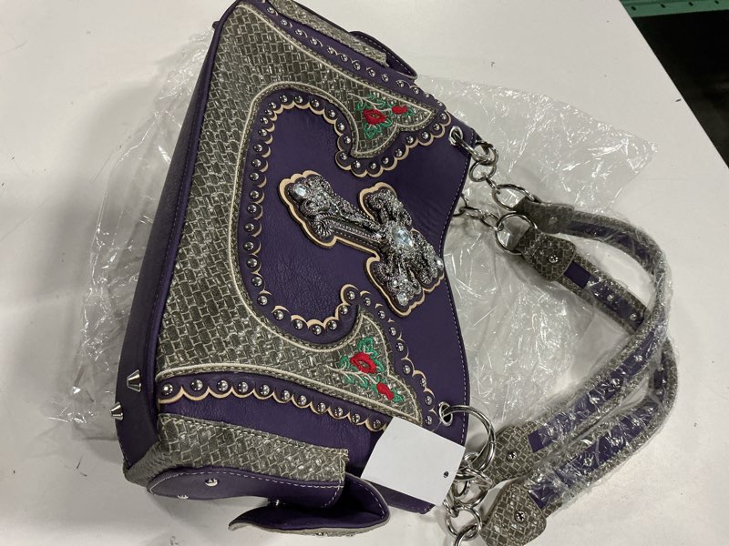 Condition photo showing Good Condition for western rhinestone cross handbag purple/grey closure type zipper