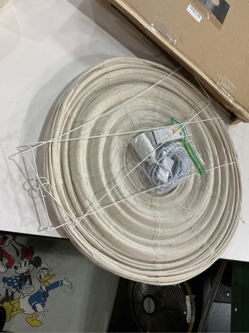 Condition photo showing As Is for large plug in linen pendant light 20 inch round paper lantern 14.7ft cord & e26 led bulb handcrafted minimalist decor for bedroom, living room, corner