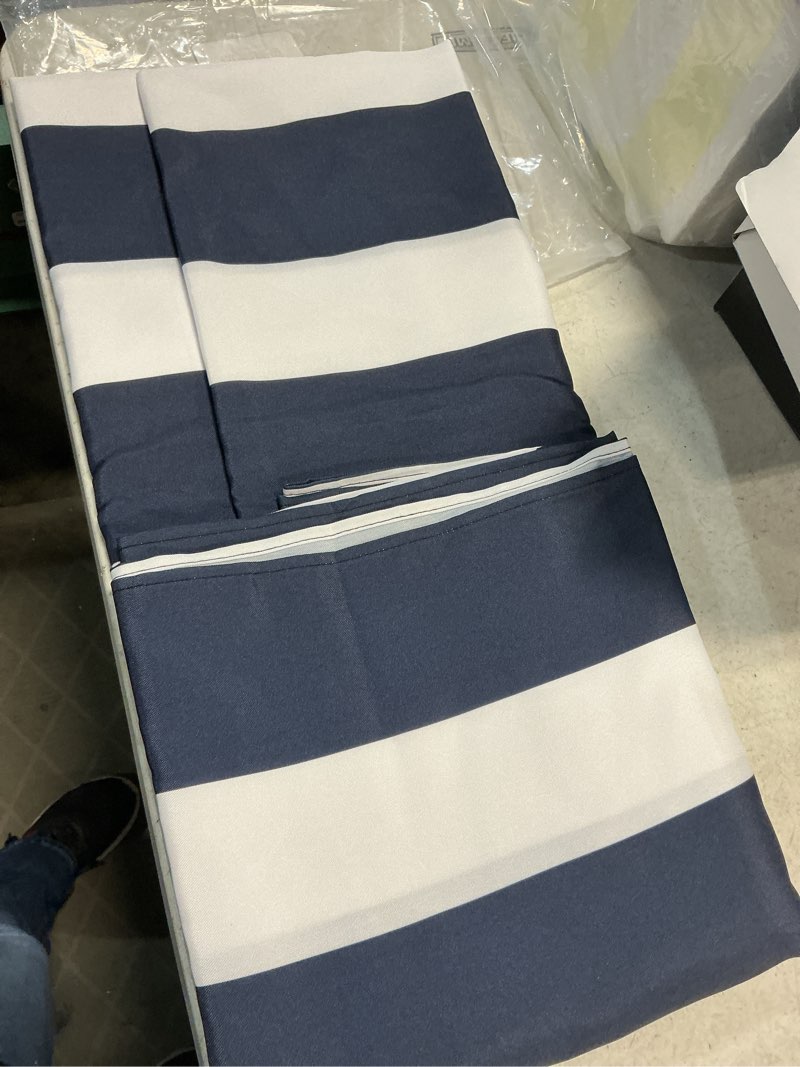 Condition photo showing New/Like New for navy blue strips print outdoor tablecloth with umbrella hole for rectangle table, waterproof navy blue patio table cloth with zipper - 60 x 102 inches navy blue-strips 102" x 60" (rectangular)