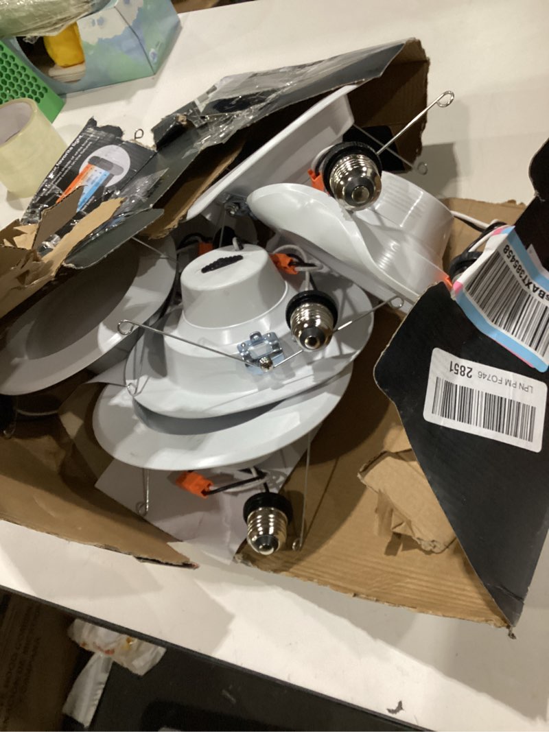 Condition photo showing As Is for feit electric led downlight retrofit kit with baffle trim, 75w equivalent, 5/6-inch dimmable recessed light, adjustable white 2700k–5000k, 90+ cri, for living, bathroom, dining & kitchen room 6 count (pack of 1) 6 way + 75w