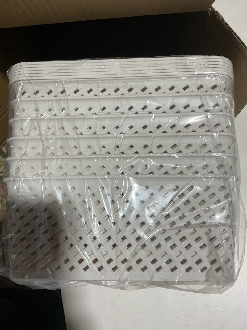 Condition photo showing Good Condition for Bagnizer Small Plastic Twill Woven Storage Baskets with Lids, Stackable Organizing Containers with Labels for Pantry Closet Office, 6-Pack,10.35"x7.3"x4.09", White