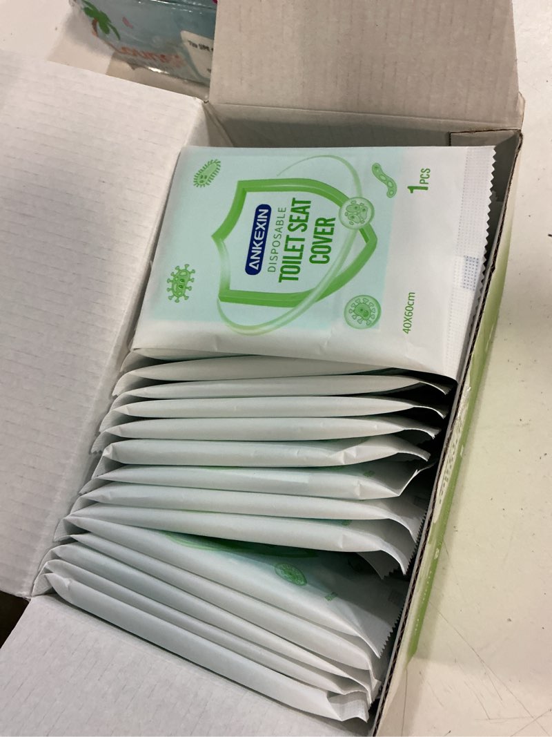 Condition photo showing New/Like New for disposable toilet seat covers, 70 pcs individually travel pack, xl waterproof & adhesive secure fit for public restrooms, airplane & office use