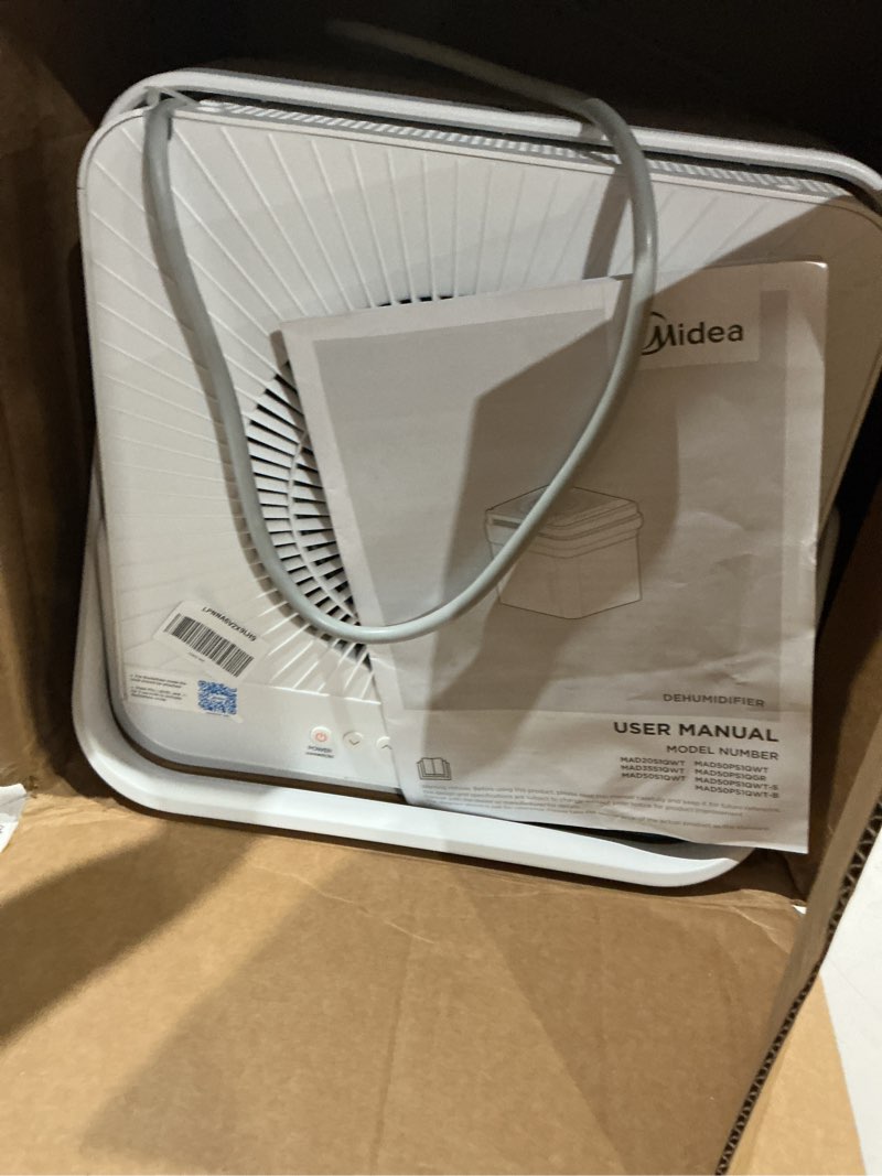 Condition photo showing As Is for midea cube 35 pint dehumidifier for basement and rooms at home for up to 3,500 sq. ft., smart control, compatible with alexa (white), drain hose included
