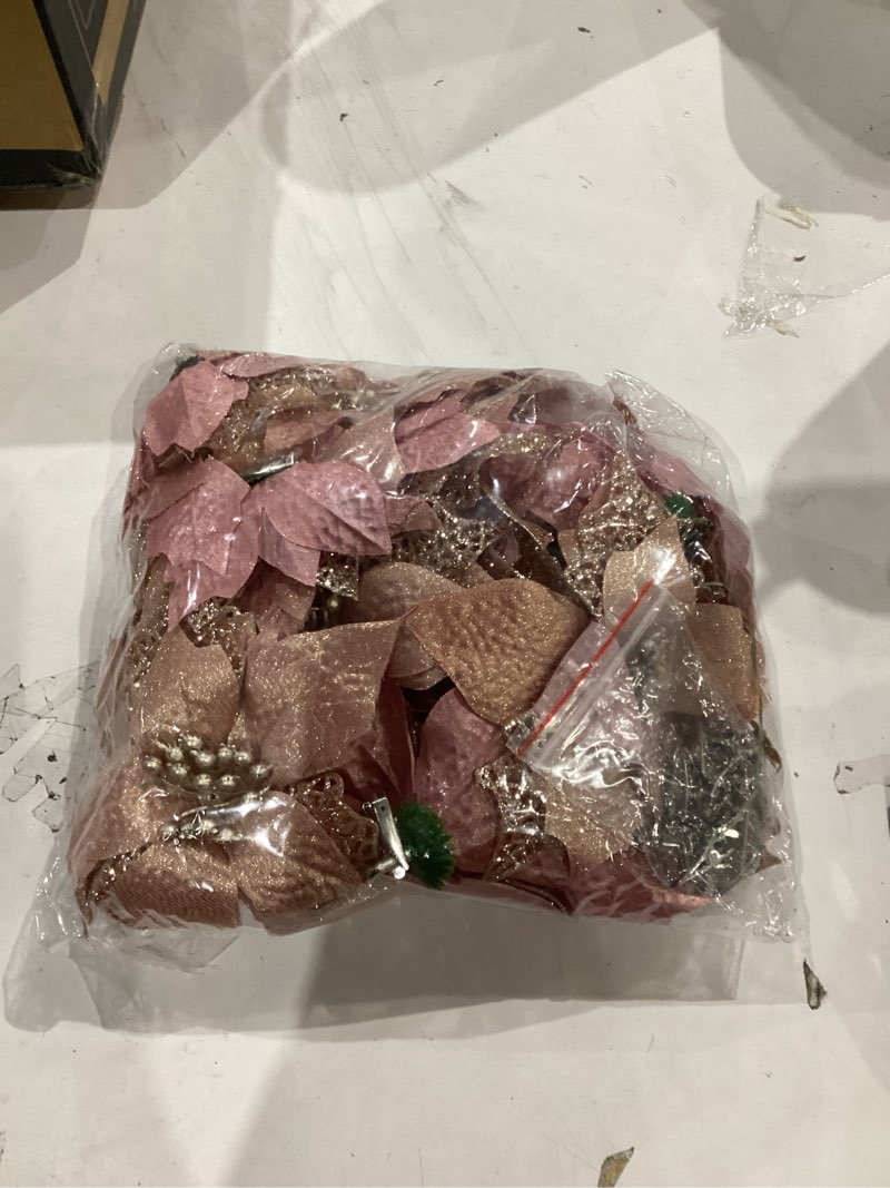 Condition photo showing Good Condition for WILLBOND 36 Pieces Christmas Poinsettia Glitter Faux Flowers Christmas Artificial Flowers Tree Ornaments Topper Xmas Decorations(Rose Gold)