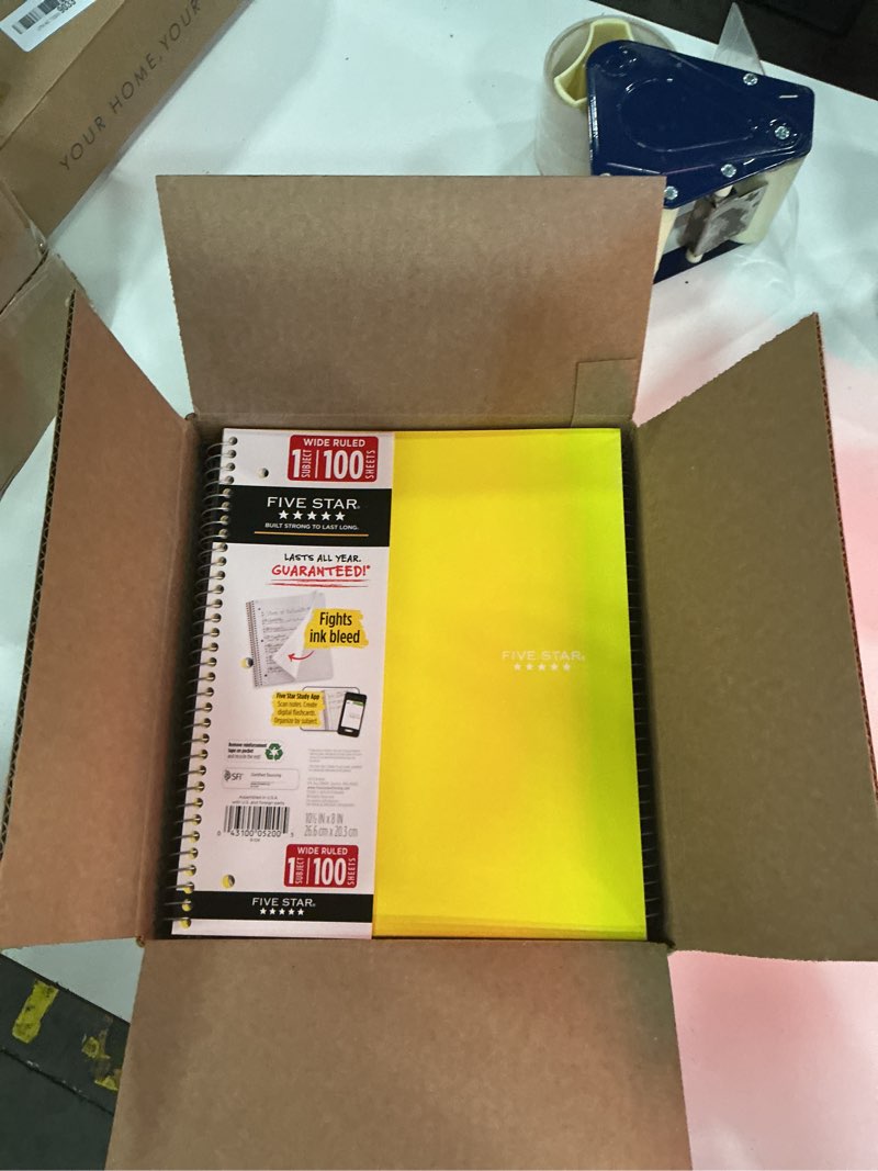 Condition photo showing New/Like New for five star spiral notebooks, 5 subject, college ruled paper, 200 sheets, 11" x 8-1/2", teal, yellow, 5pack (73509)
