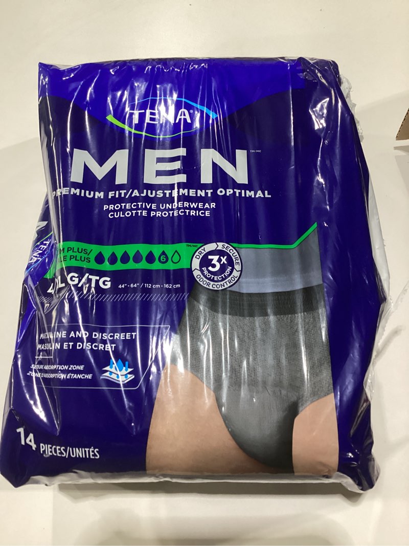 Condition photo showing New/Like New for TENA Men Super Plus Disposable Underwear Male Pull On with Tear Away Seams Large/X-Large, 81920, 57, 14 Ct Large/X-Large 14