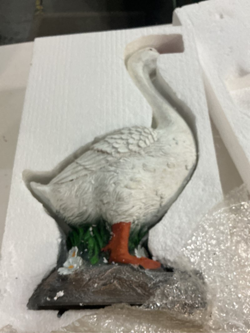 Condition photo showing New/Like New for 19in porch goose,realistic hand-painted porch large goose statue, all-weather resin outdoor decor for garden, yard, patio, fits standard porch goose outfits,white