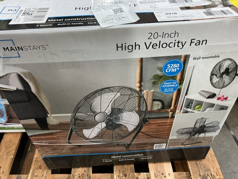 Condition photo showing As Is for mainstays sfc1-500b 20 in high velocity floor fan, black