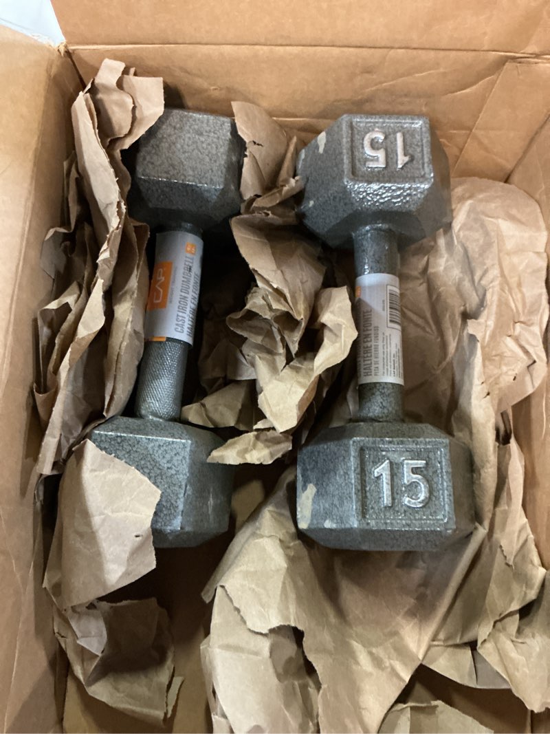 Condition photo showing Good Condition for cap barbell cast iron hex dumbbell | multiple options gray, single 15 lb pack of 2