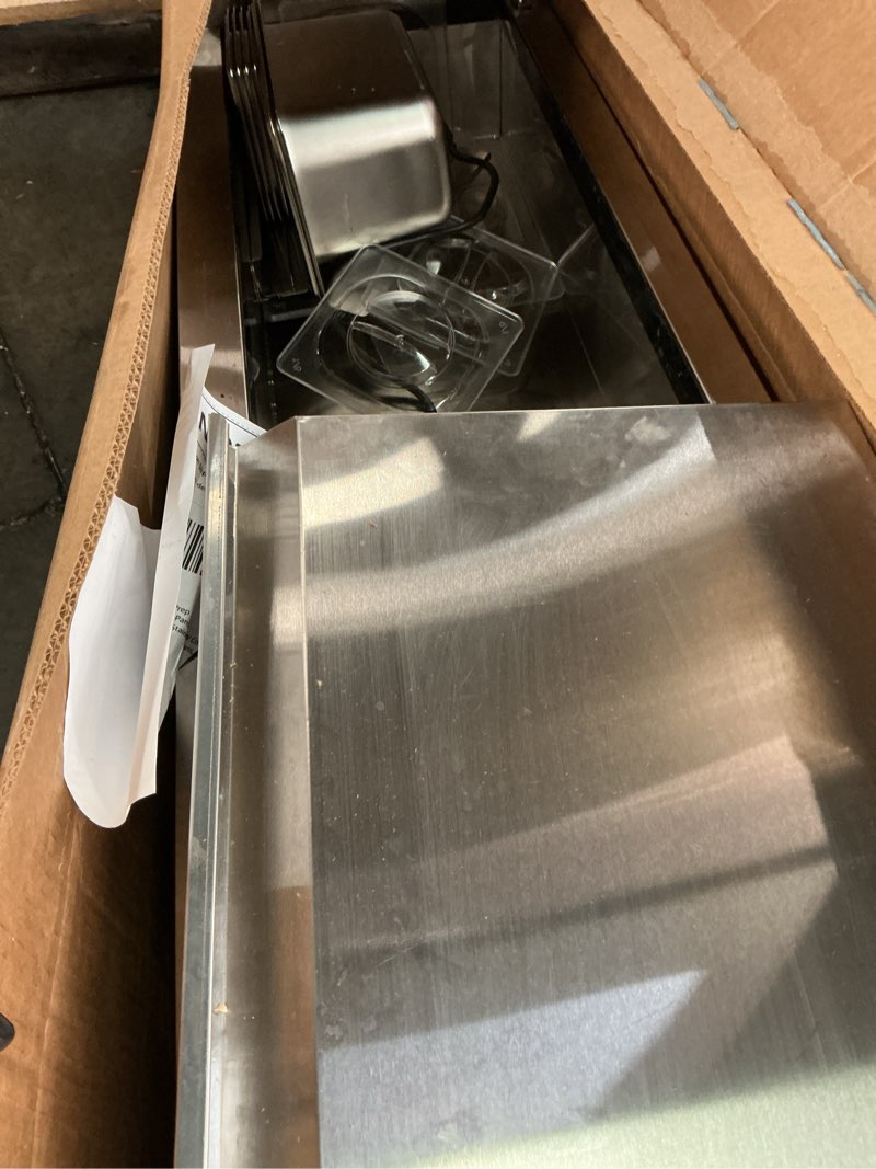 Condition photo showing As Is for vevor refrigerated condiment prep station, 120 w countertop refrigerated condiment station, with one 1/3 pan & four 1/6 pans, 304 stainless body and pc lid, sandwich prep table with stainless guard new stainless 40 in
