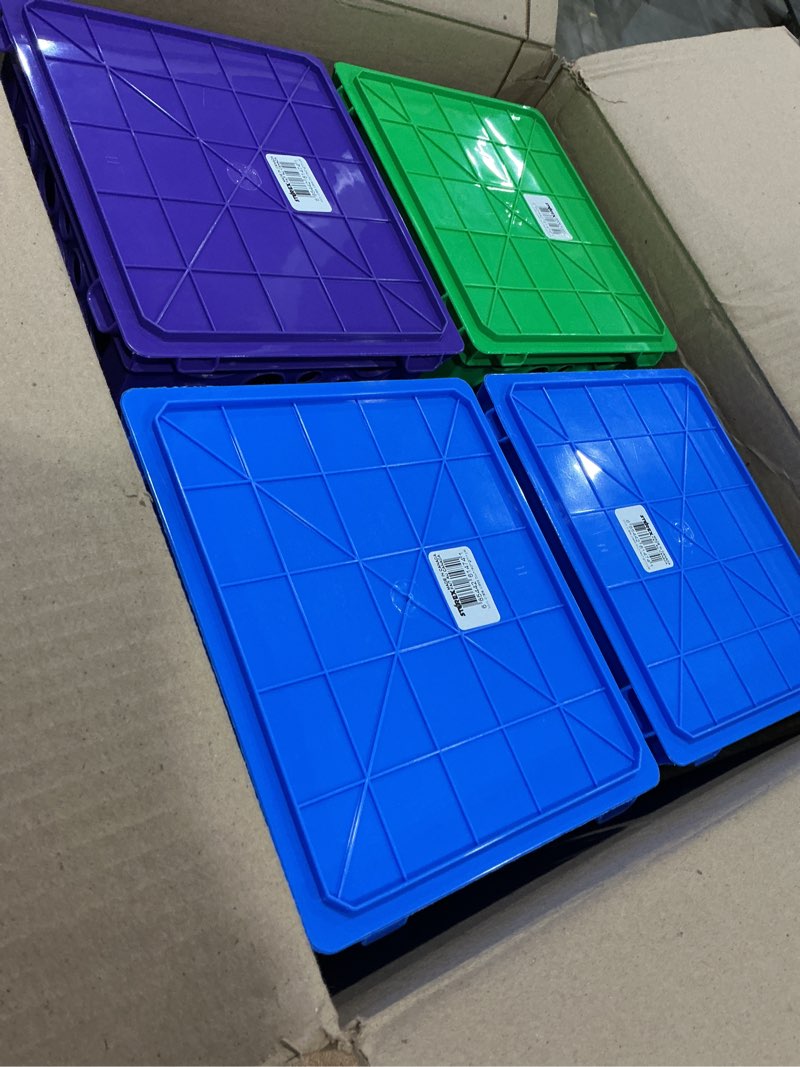 Condition photo showing New/Like New for storex premium file crate with handle cutouts – letter and legal document and folder storage, classroom blue,green and poorple, 12-pack (61460a03c)