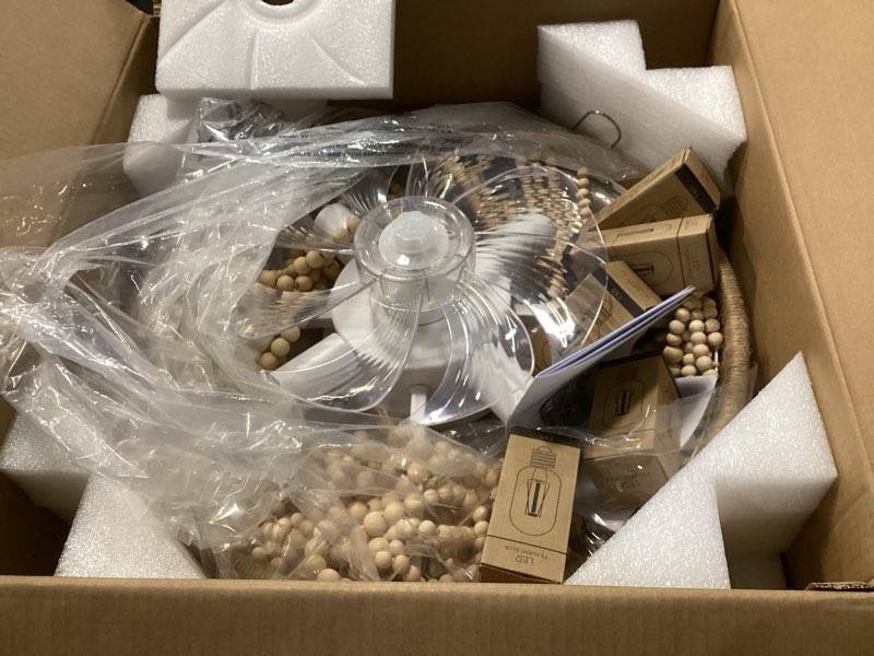 Condition photo showing As Is for Liokoc Ceiling Fans with Lights and Remote - Bulbs Included, Caged Fandelier with Handcrafted Beaded Décor 19 inches Reversible Flush Mount Installation Ceiling Fan, Wood