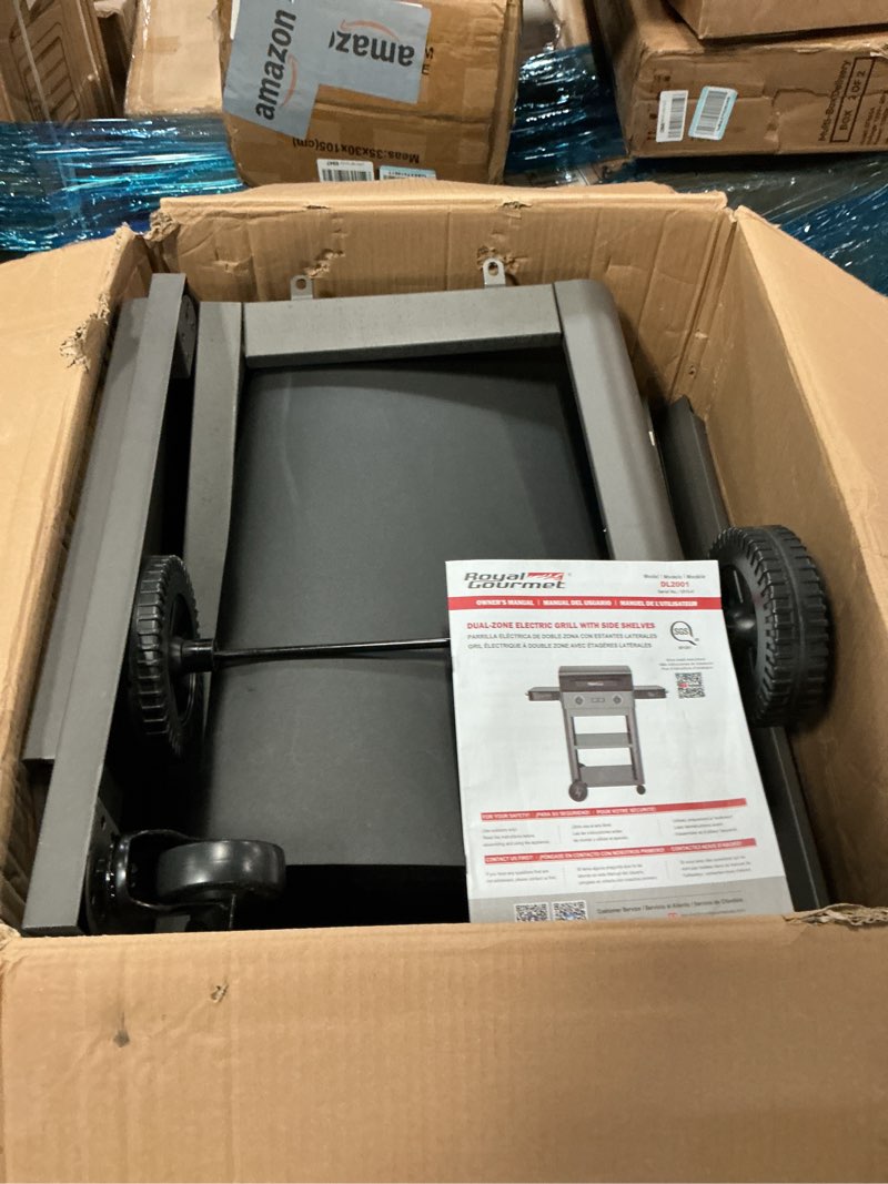 Condition photo showing As Is for royal gourmet dual-zone electric grill with cabinet frame 1800 -watt gray black electric grill
