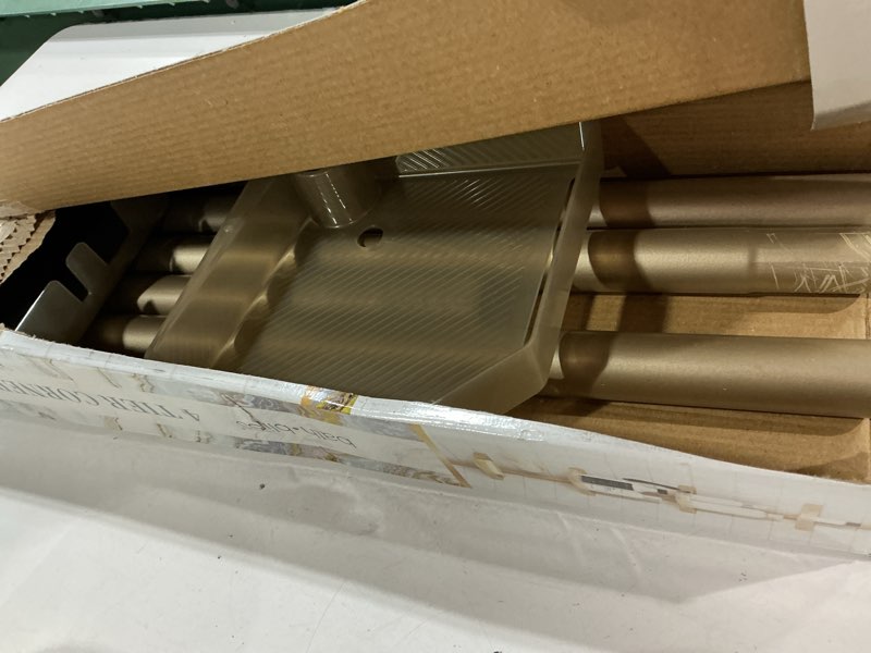 Condition photo showing As Is for Bath Bliss 4 Tier Tensions Corner Shower Caddy | Shelves | Adjustable 48“-101” | Bathroom Organizer | Bathtub and Shower Stall | Holds Large Bottles | Soap | Shampoo | Washcloths | Gold Gold 9.8 inches x 9.8 inches x 48-101 inches