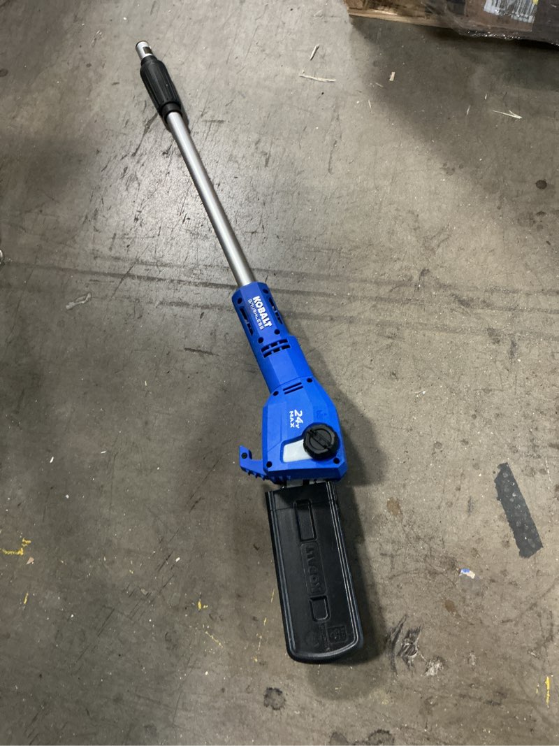 This is a Kobalt 24-volt brushless pole chainsaw, model KPS 1024A-03, featuring an 8-inch bar. 
