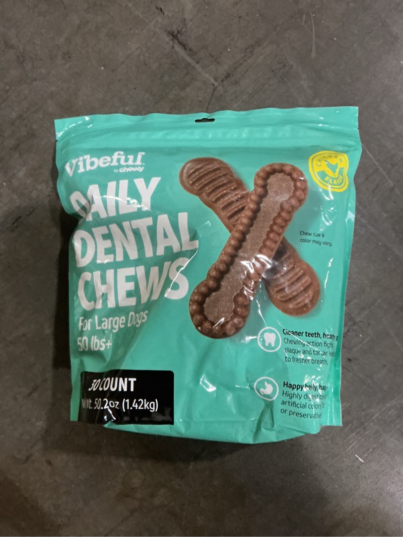 Condition photo showing New/Like New for (BBD 03/07/26). Treats Vibeful Large Daily Dental Chew Treats for Dogs, Chicken Flavor, 30 count