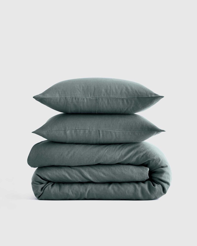 QUINCE Queen European Linen Duvet Cover Set 3 pieces Ocean