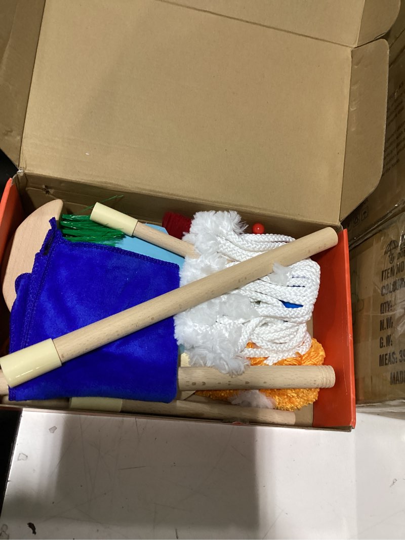 Condition photo showing New/Like New for wooden kids cleaning set for toddlers,8 pieces montessori cleaning toys with kids broom and mop set, housework pretend play toy gift for boys girls ages 3+ standard edition