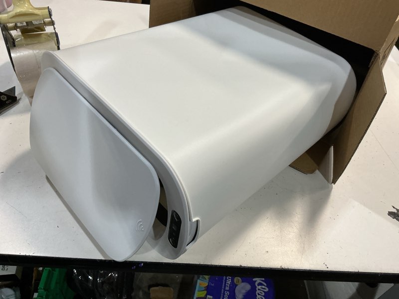 Condition photo showing As Is for cesun motion sensor trash can, 5 gallon automatic bathroom garbage can with lid, touchless smart plastic slim wastebasket for bathroom, office, rv, bedroom, living room, white