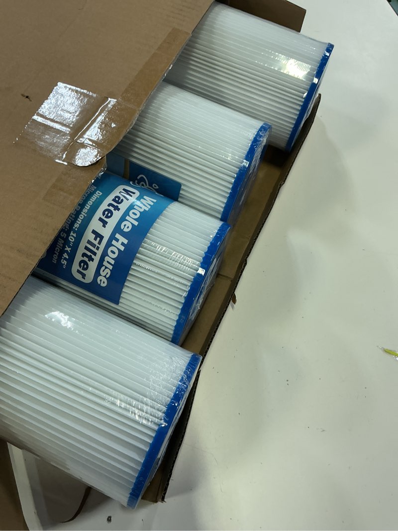 Condition photo showing New/Like New for 5 micron 10" x 4.5" whole house water filter compatible with ge fxhsc, gxwh40l, plumber w50pehd, culligan r50-bbsa, pentek r50-bb, w10-pr, dupont wfhdc3001, w50pehd, high flow sediment filters, 4 pack