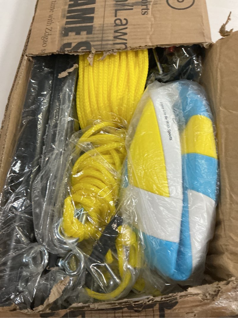 Condition photo showing New/Like New for outdoor portable volleyball net system - adjustable height poles with soft volleyball ball, pump, hammer, boundary line, and carry bag for backyard, beach, lawn 32ft fluorescent green