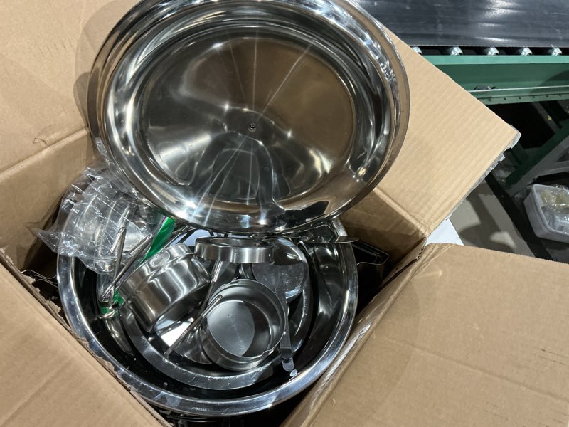 Condition photo showing As Is for vevor chafing dish buffet set, 5 qt 2 pack, stainless steel chafer with 2 full size pans, round catering warmer server with lid water pan folding stand clip, for weddings parties banquets, silver 5 qt*2pack silver