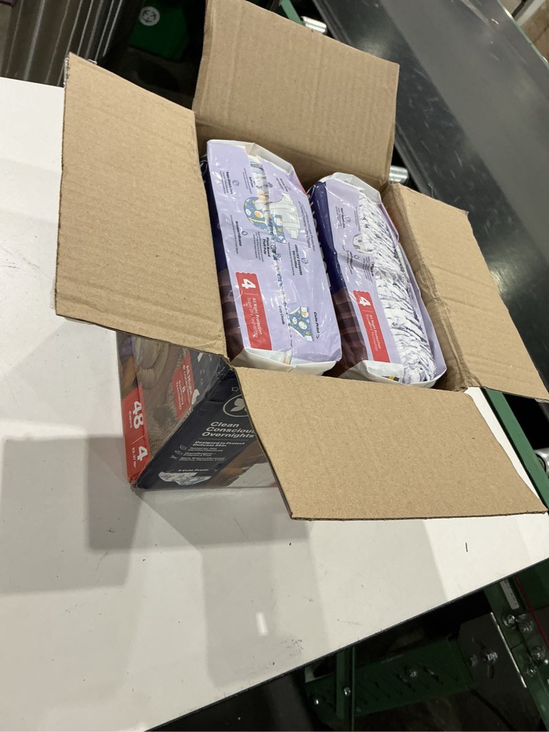 Condition photo showing Good Condition for the honest company comfort dry overnight diapers, up to 12 hours protection, hypoallergenic, cozy cloud + star signs, club box size 4 (22–37 lbs), 48 count size 4 48