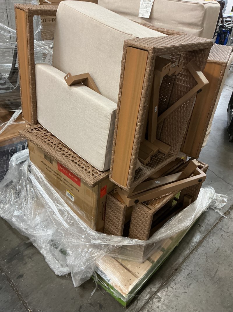 Condition photo showing As Is for brown rattan wicker 4 seat 4-piece steel outdoor patio conversation set with beige cushions