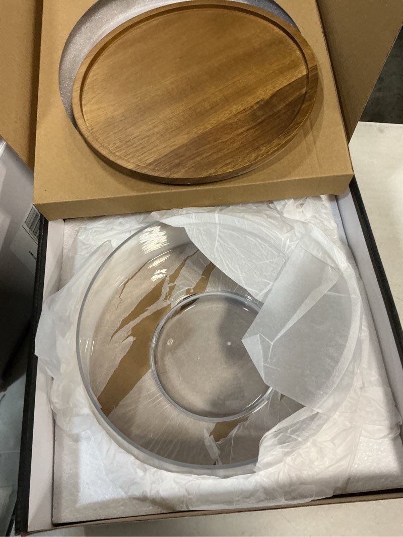 Condition photo showing As Is for ( incomplete ) large glass salad bowl with lid set, 5.7 l decorative glass mixing bowl, trifle and serving bowls with lids as cheese charcuterie board and plate, comes with wood serving utensils