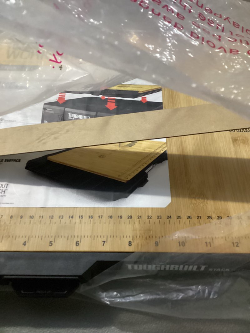 Condition photo showing Good Condition for toughbuilt stacktech work surface, bamboo wooden flat top auto-locking station, heavy-duty tool with built-in ruler and storage compartments
