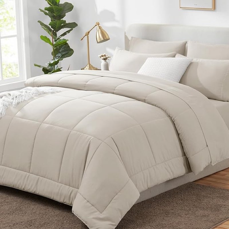 cozylux queen comforter set beige, 7 pieces bed in a bag, beige comforter queen size, all season bedding sets with stitch quilted comforter, flat sheet, fitted sheet, pillowcases