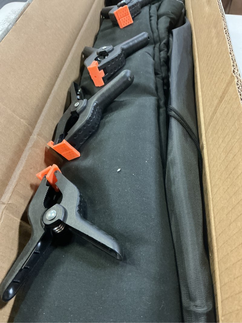 Condition photo showing As Is for Black White Backdrop Screen with Stand Kit 5x6.5ft for Photo Video Studio, 2-in-1 Revisible Black Backdrop White Screen with T-Shaped Photography Background Support Stand and 5 Clamps